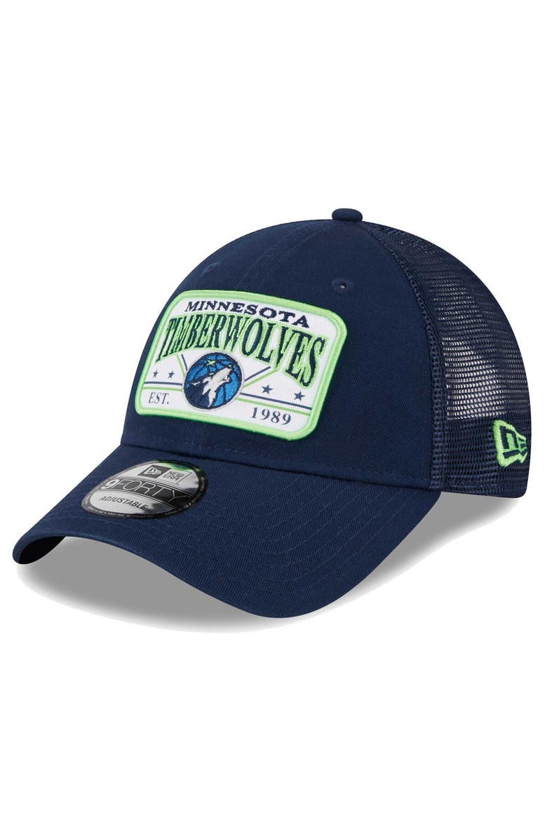 New Era Men's New Era Navy Minnesota Timberwolves Plate Oversized Patch Trucker 9FORTY Adjustable Hat, Main, color,
