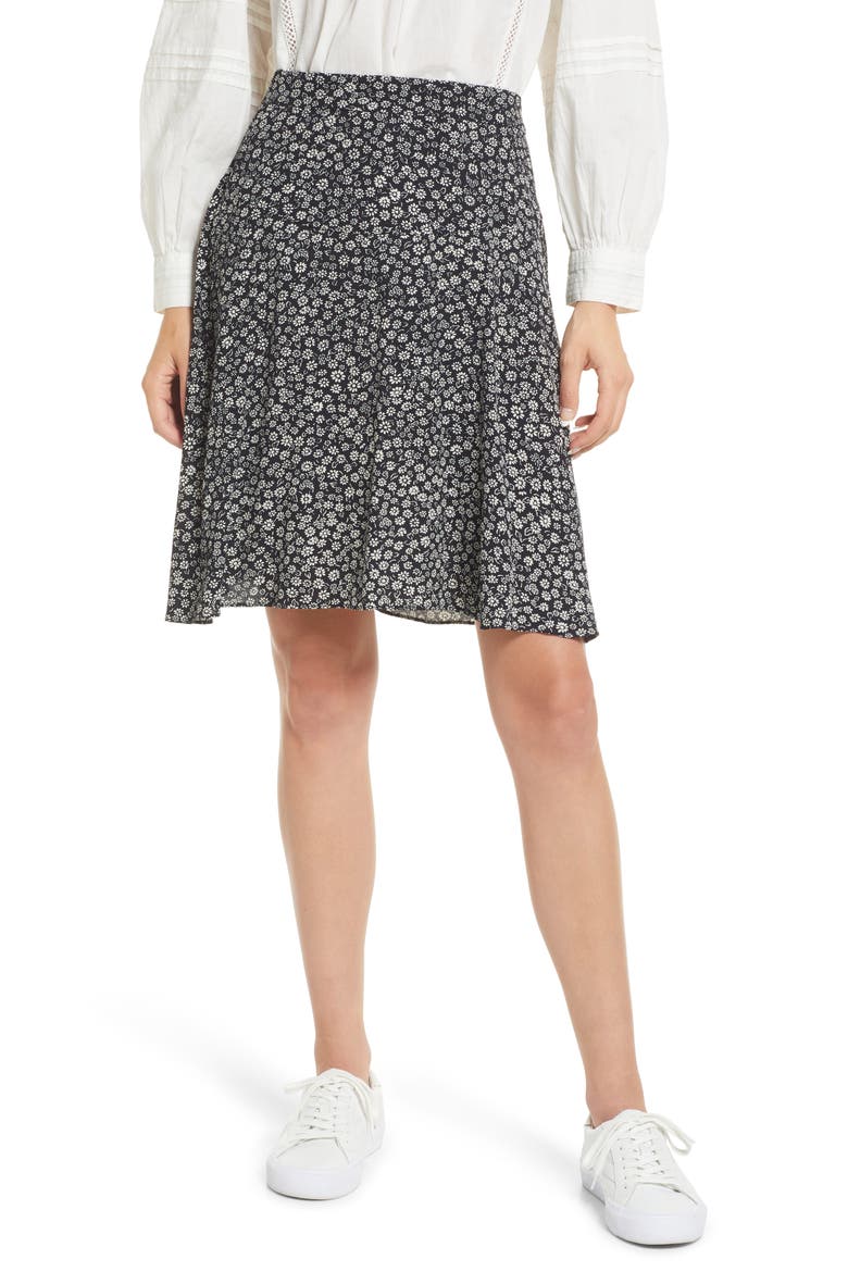 Ditsy Floral Print A-Line Miniskirt, Main, color, TRUE BLACK