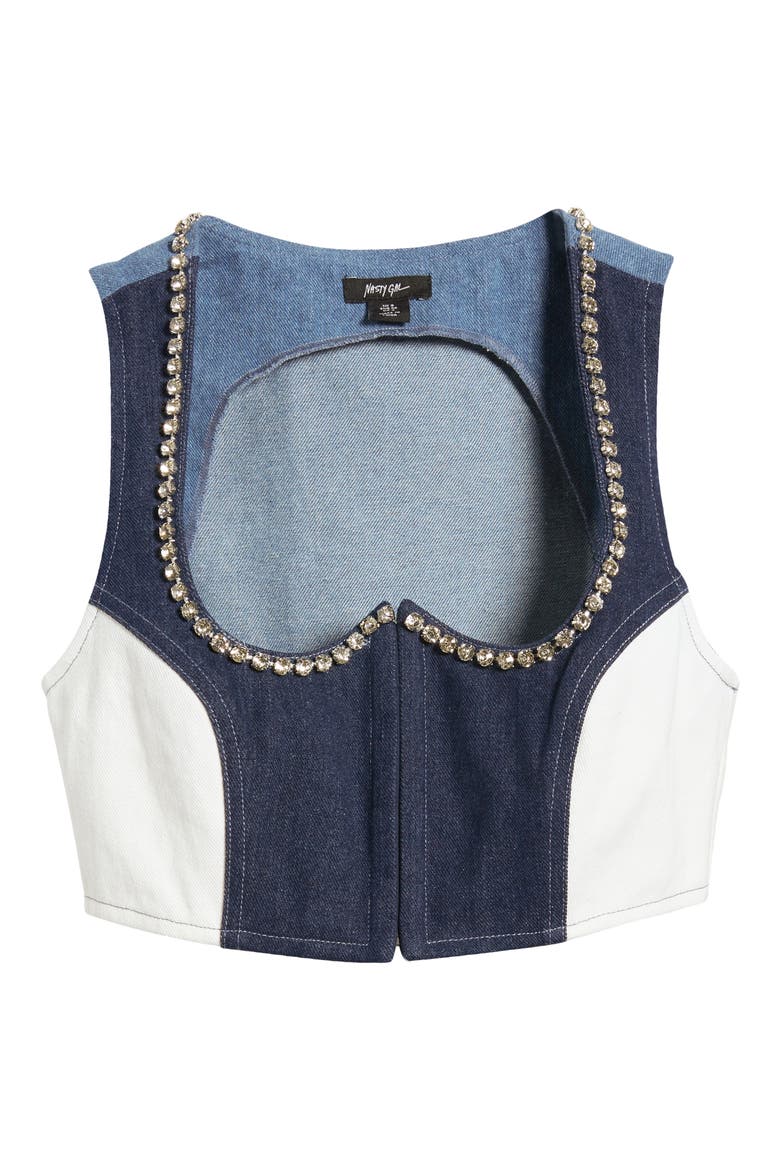 Embellished Trim Colorblock Denim Crop Top, Alternate, color, BLUE MULTI