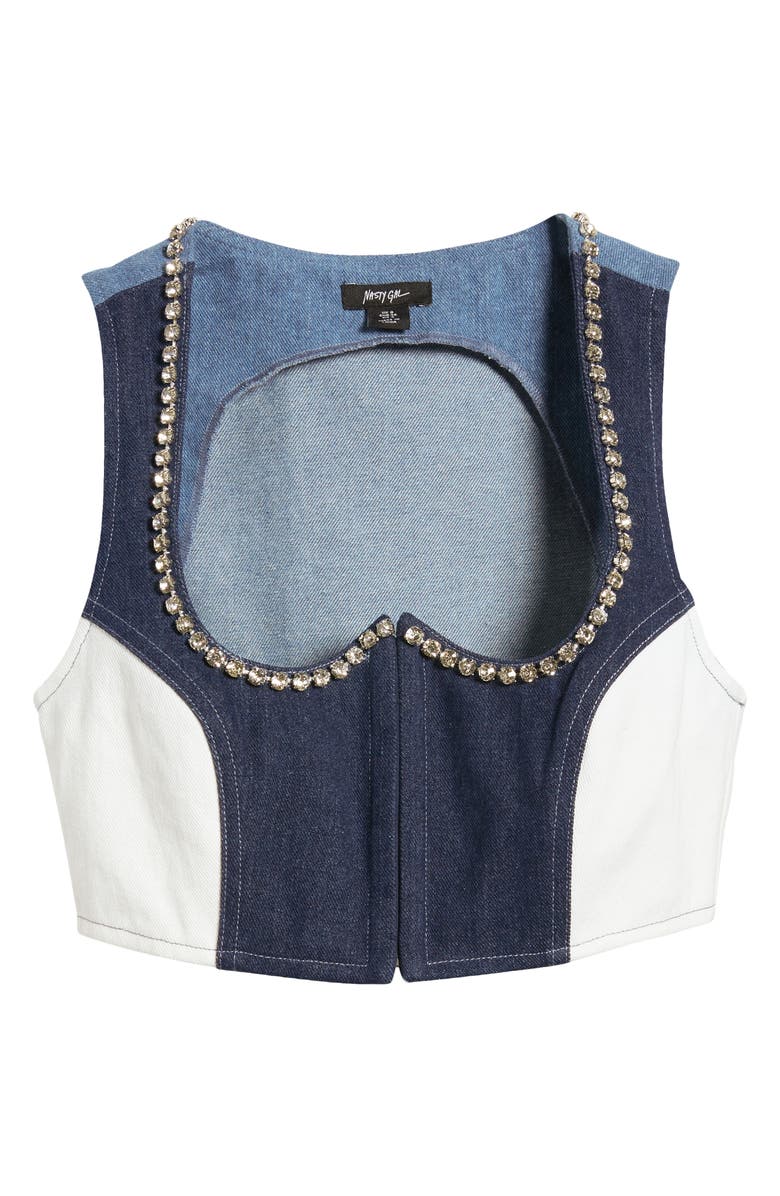 NASTY GAL Embellished Trim Colorblock Denim Crop Top, Alternate, color, 