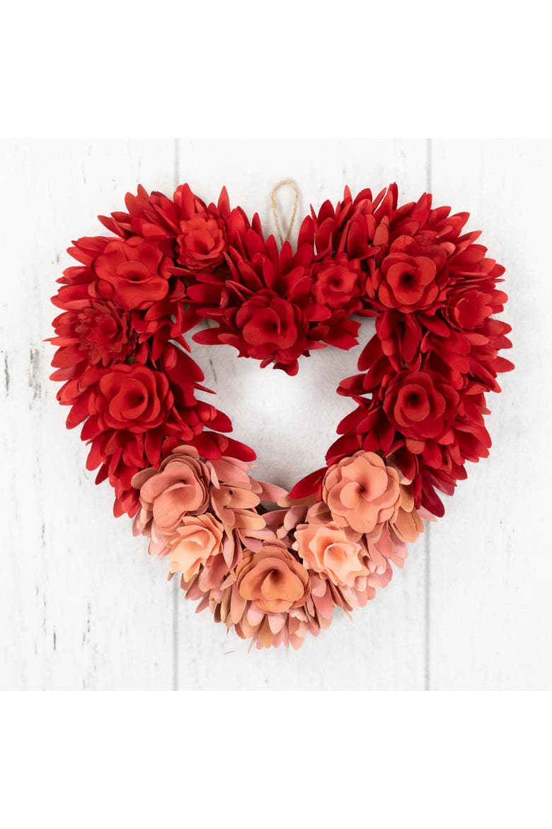 Wooden Rose Artificial Valentine's Day Floral Wreath - 14" - Red and Pink, Alternate, color, Red