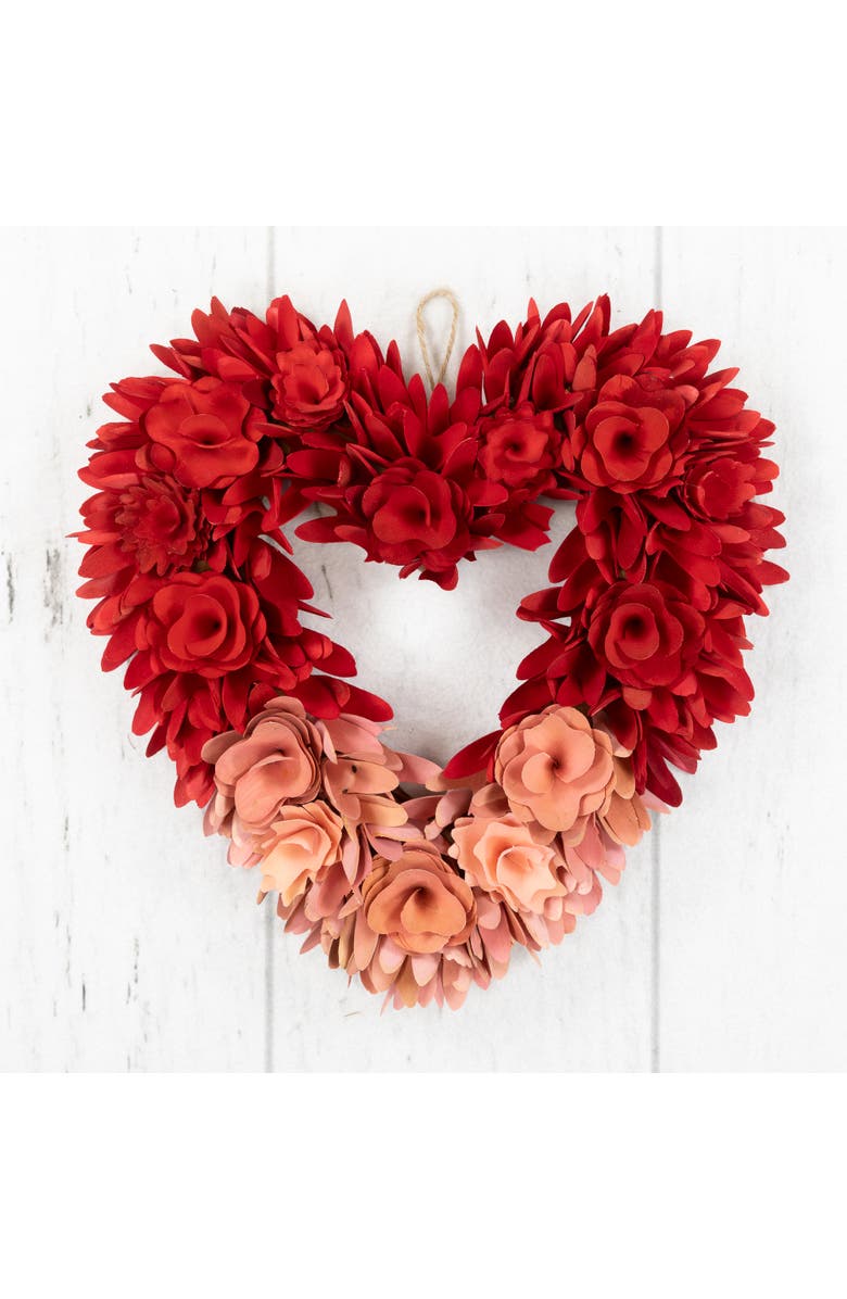 Northlight Wooden Rose Artificial Valentine's Day Floral Wreath - 14" - Red and Pink, Alternate, color, Red