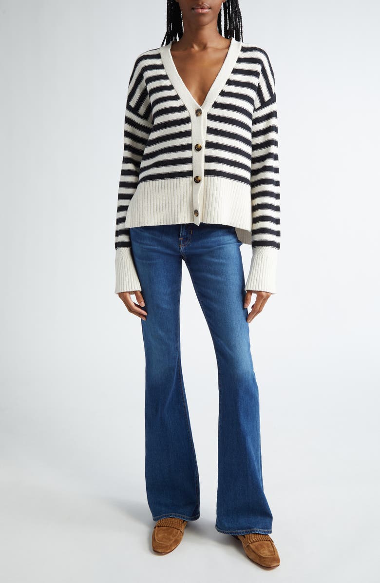 Veronica Beard Saylor Stripe Cotton Cardigan, Alternate, color, Off White/ Black