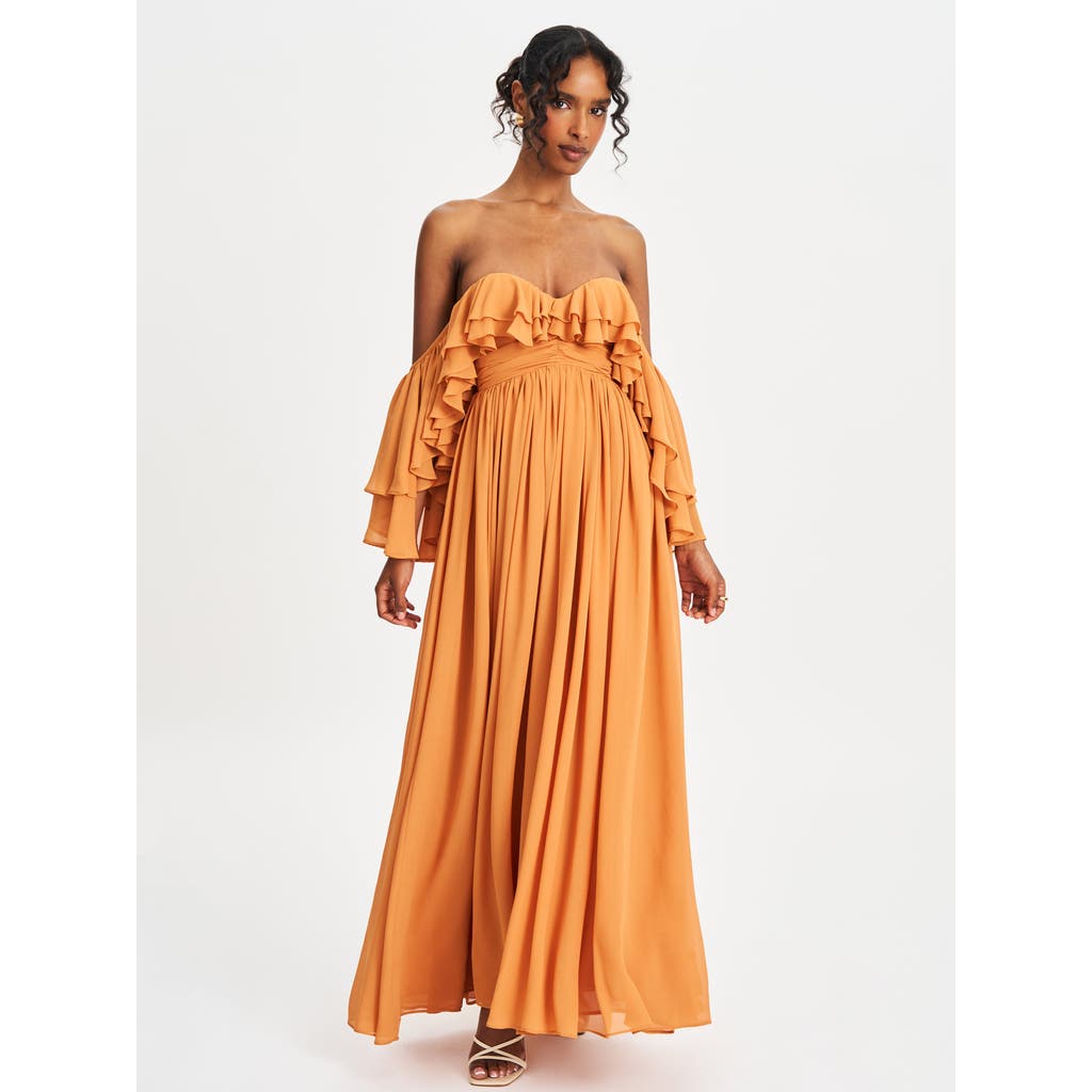 Miss Circle Kaela Off Shoulder Chiffon Maxi Dress In Neutral
