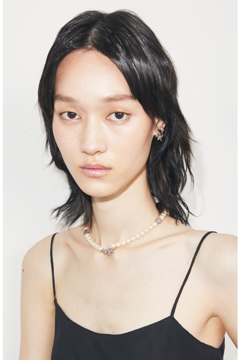 Moondance Pavé Flower & Faux Pearl Necklace, Alternate, color, TORY SILVER / PEARL / CRYSTAL
