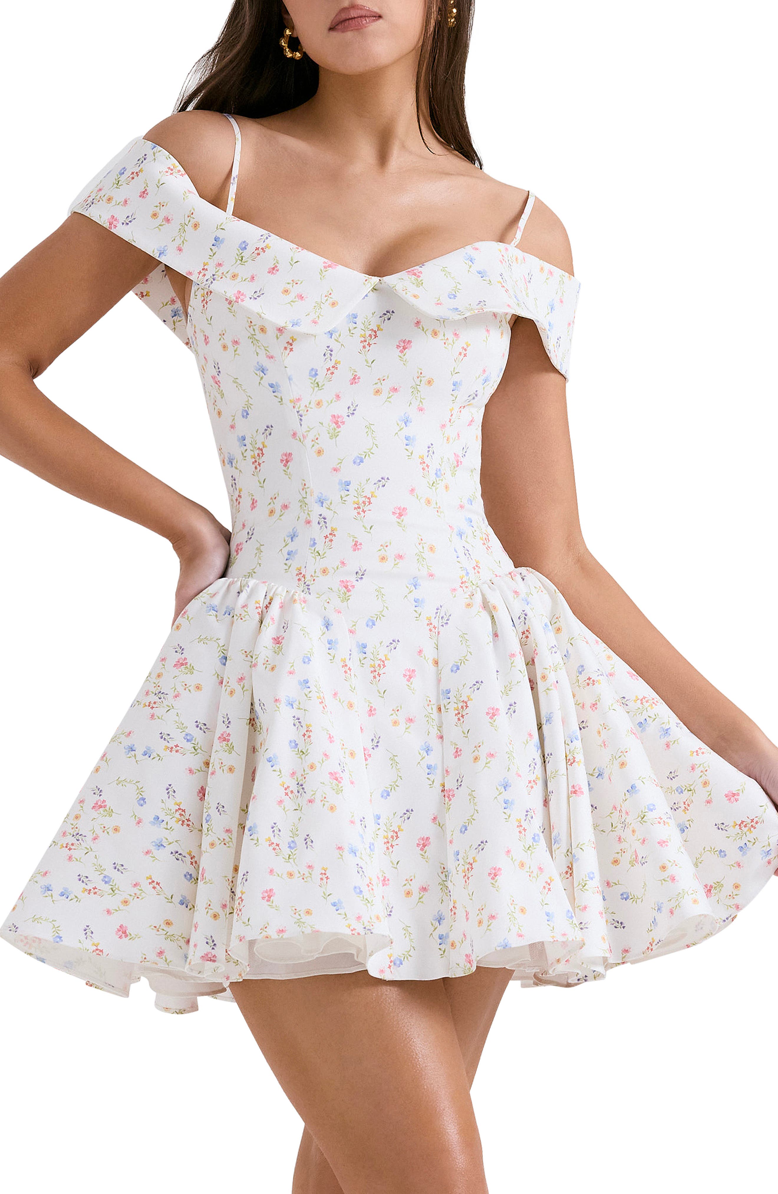 elida white twill off shoulder mini dress House OF CB Womens White Posy Print Elida Off-The-Shoulder Floral-Print Woven Mini Dress L