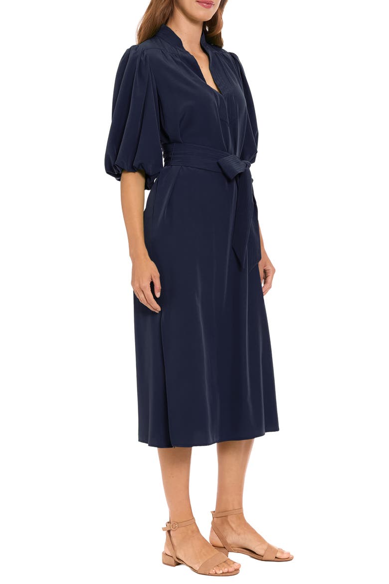 Split Neck Tie Waist Midi Dress, Alternate, color, NAVY BLAZER