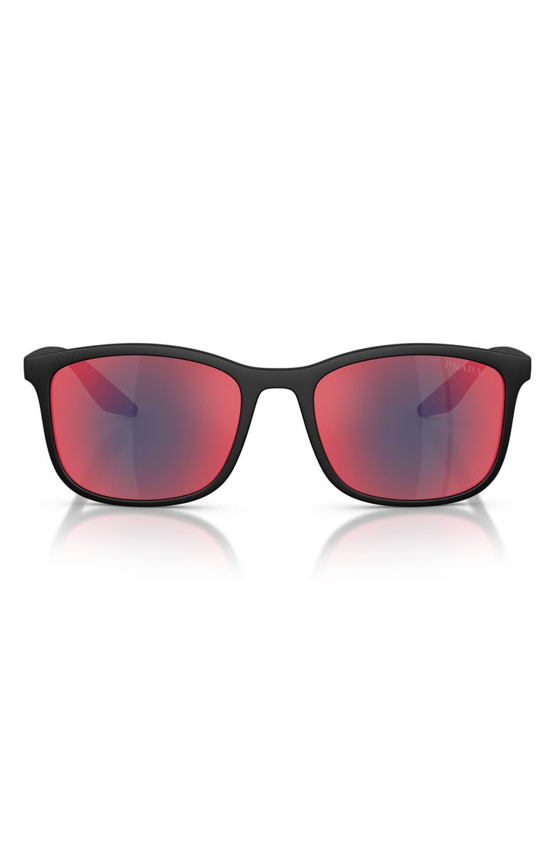 Prada Linea Rossa 56mm Pillow Sunglasses, Main, color, Matte Black/ Grey Blue/ Red
