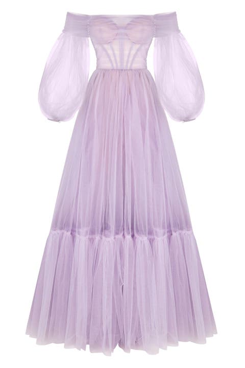 Sheer Sleeves Maxi Tulle Dress