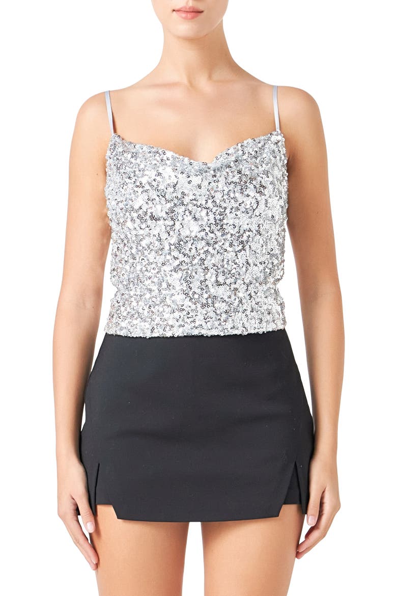 Cowl Neck Sequin Camisole, Alternate, color, SILVER