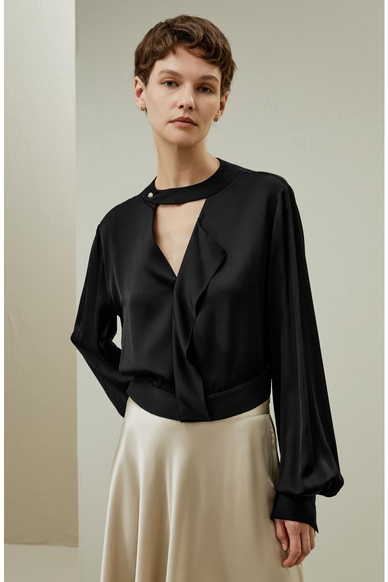 V Neck Collared Silk Shirt, Alternate, color, Black