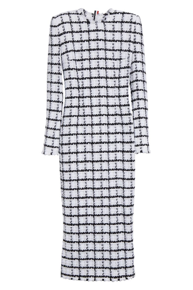 Windowpane Check Tweed Long Sleeve Sheath Dress, Alternate, color, WHITE