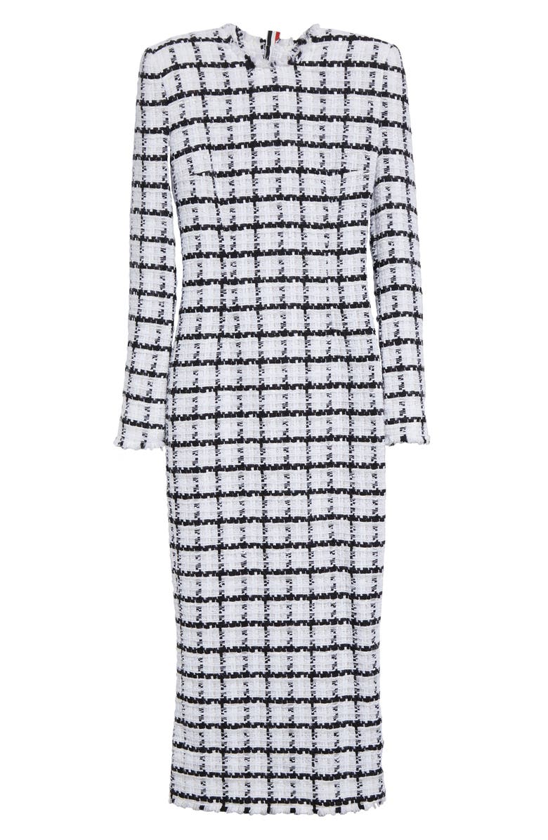 Thom Browne Windowpane Check Tweed Long Sleeve Sheath Dress, Alternate, color, White