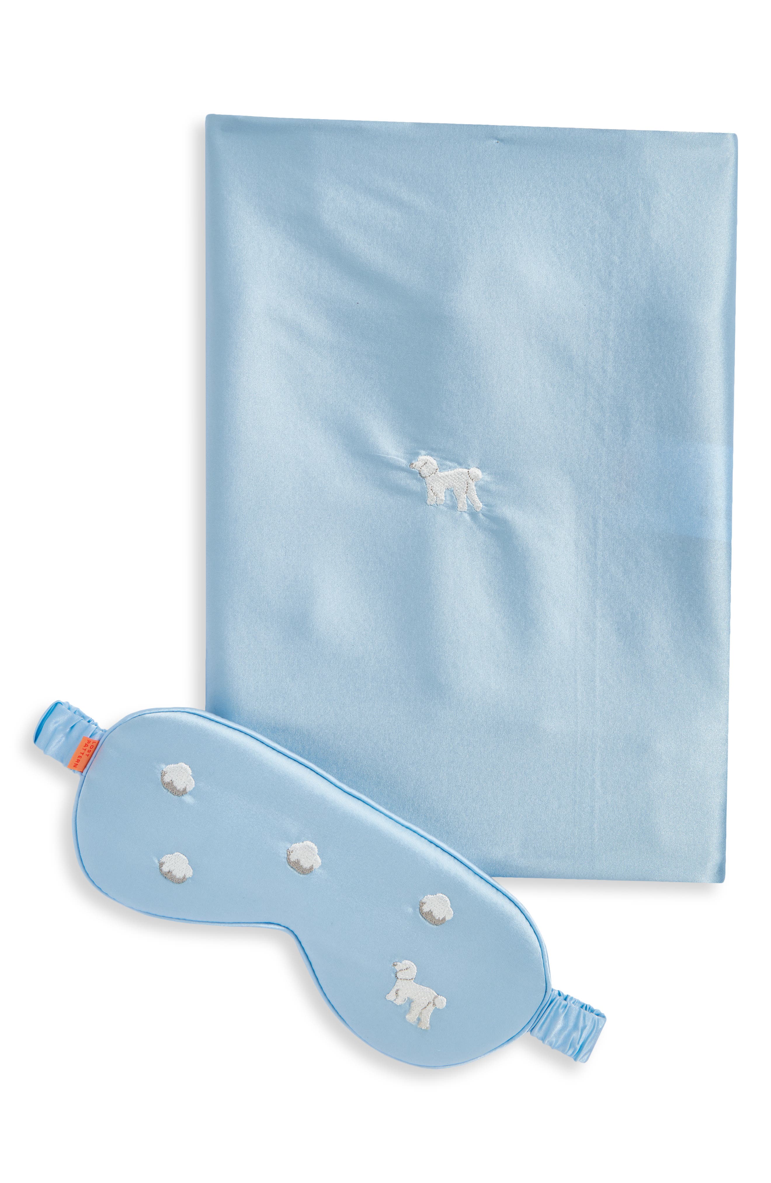 Lost Pattern Embroidered Satin Pillowcase & Sleep Mask Set in Blue 