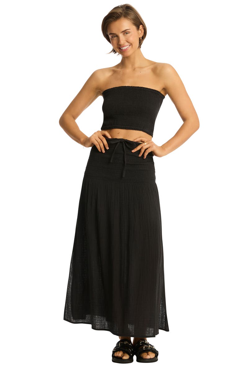 Sea Level Sunset Strapless Cotton Gauze Cover-Up Top, Alternate, color, Black
