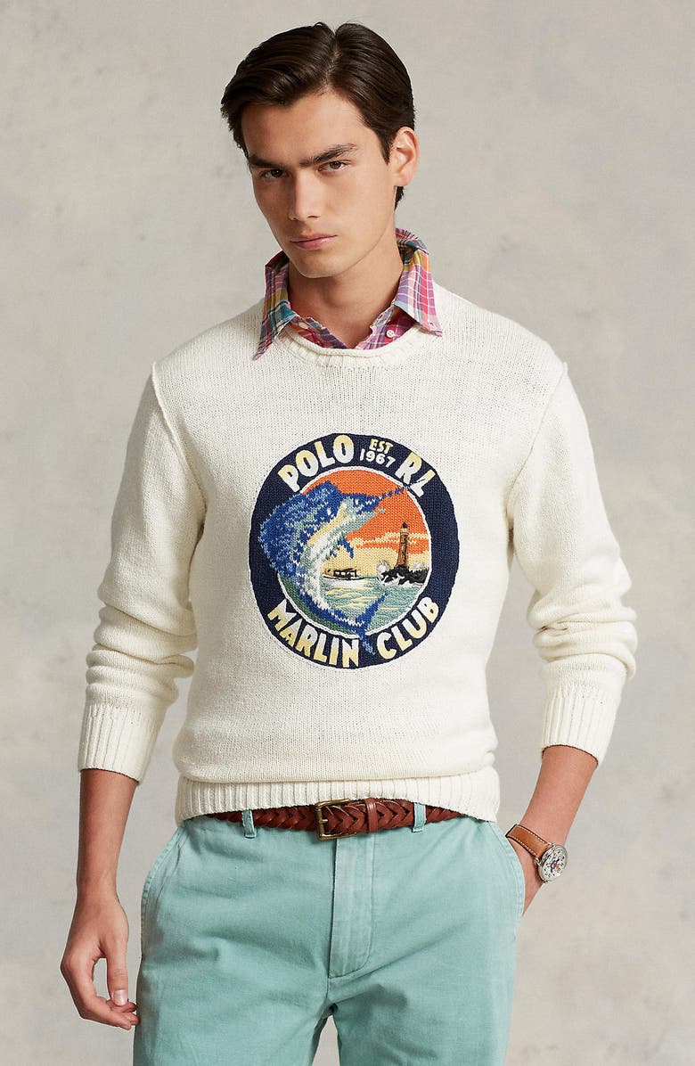 Polo Ralph Lauren Cotton & Linen Graphic Crewneck Sweater, Alternate, color, Cream Multi
