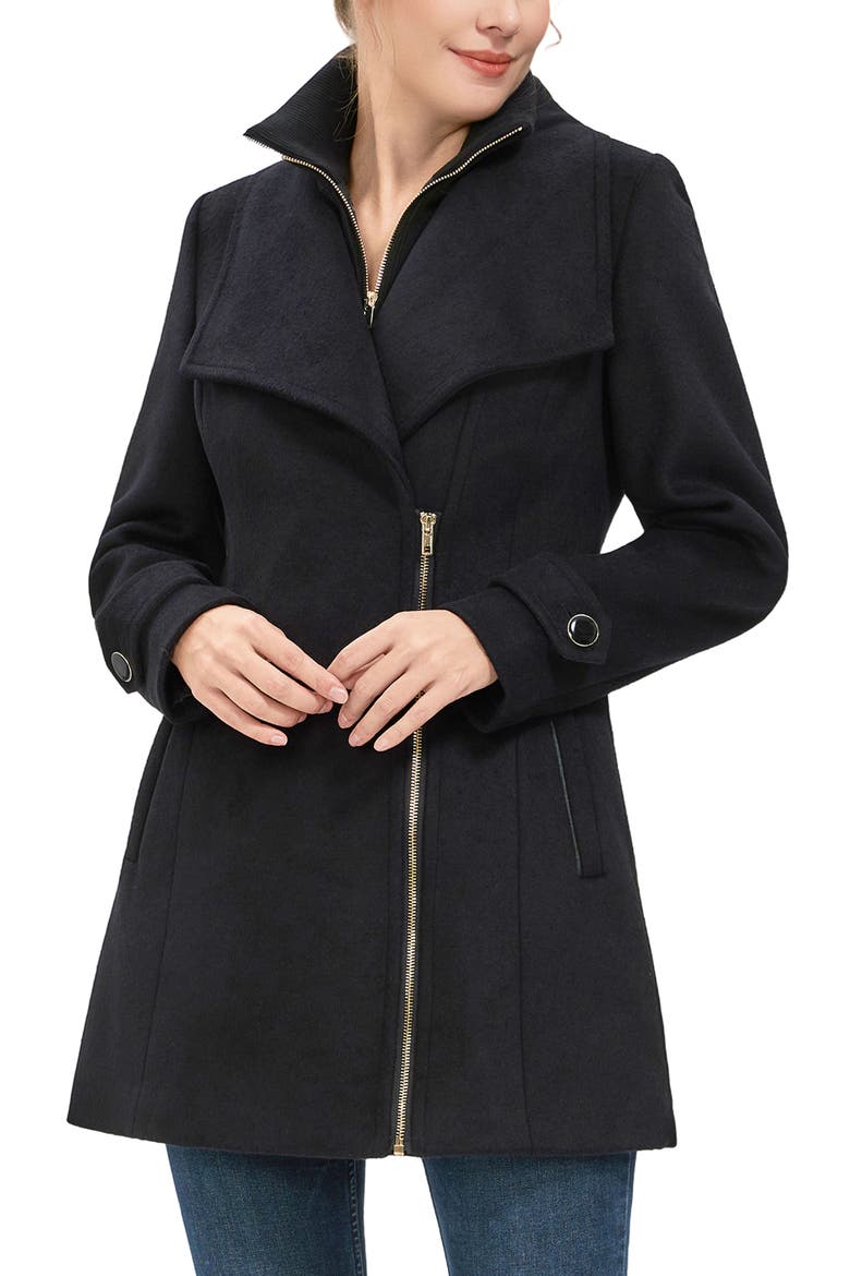 Women's Kinsley Wool Blend Zip Front Walking Coat, Alternate, color, Black