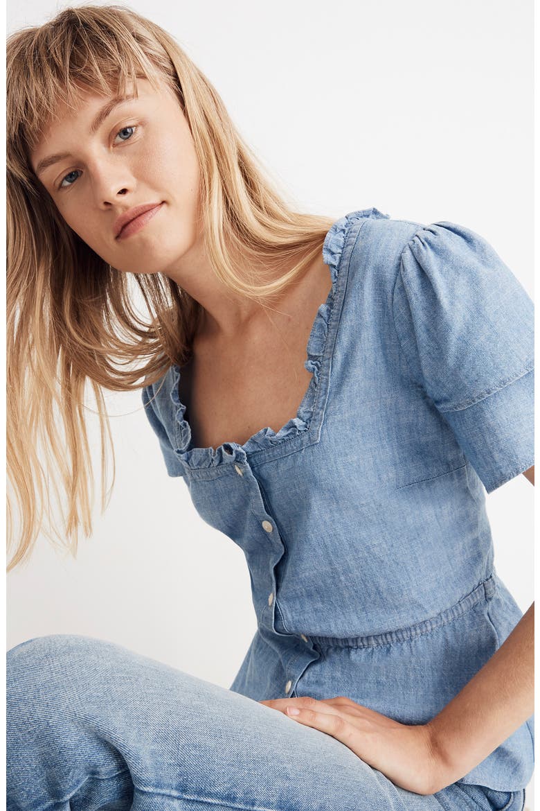 Chambray Ruffle Sleeve Peplum Top, Alternate, color, EASTERLY WASH