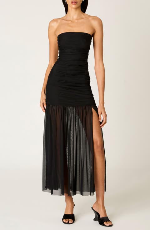 Nola Shirred Strapless Mesh Maxi Dress