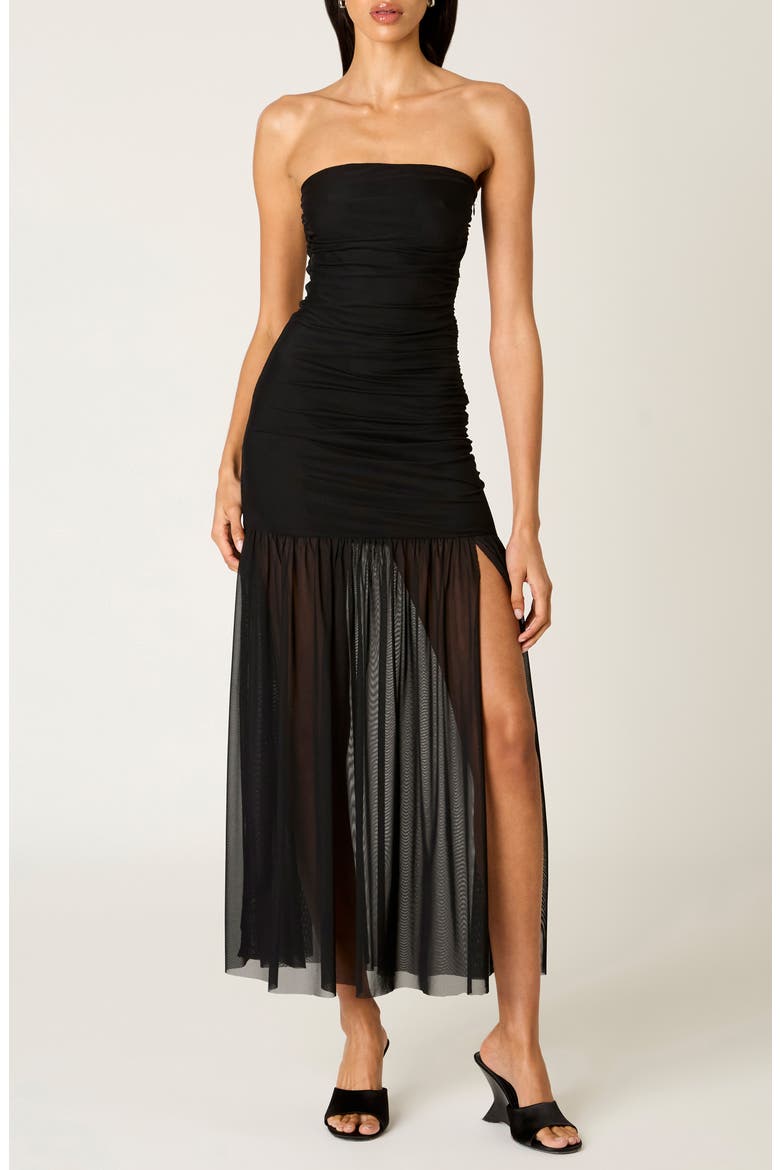 shirred mesh maxi dress Dear Moon Strapless Shirred Mesh Maxi Homecoming Dress, Womens, L, Black
