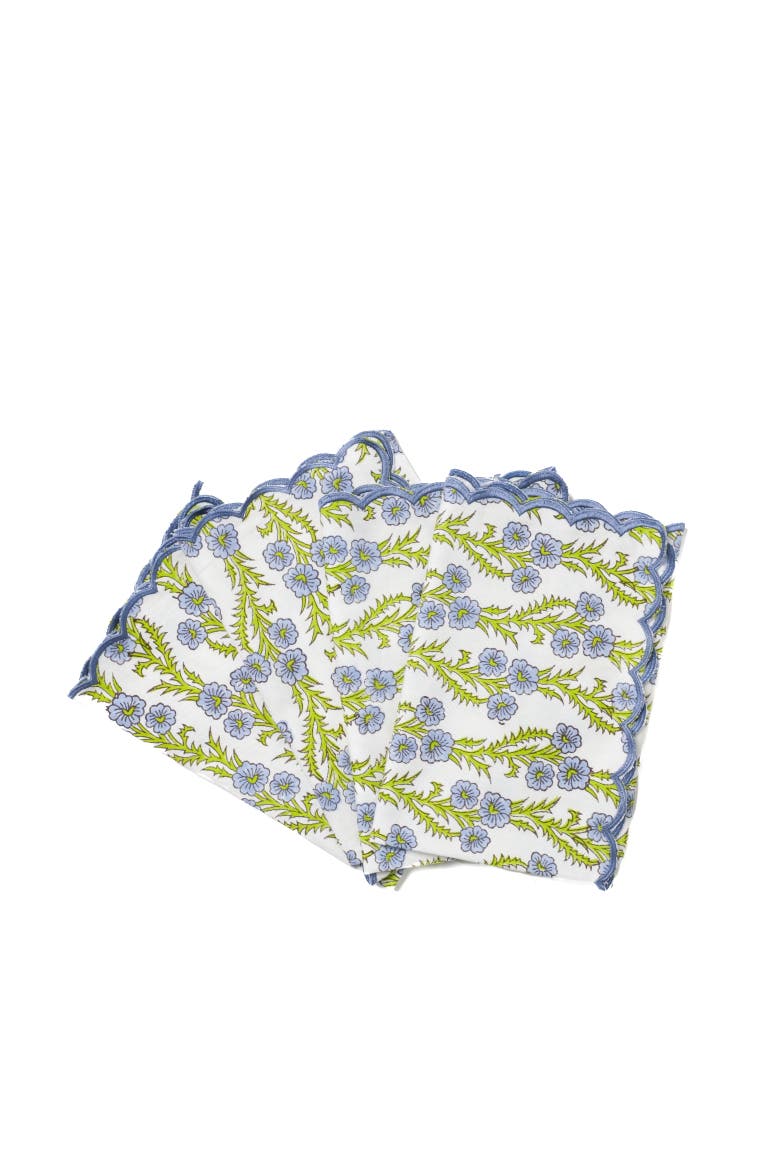 Forget-Me-Not Scallop Embroidered Blockprint Napkin - Set of 4, Alternate, color, Blue