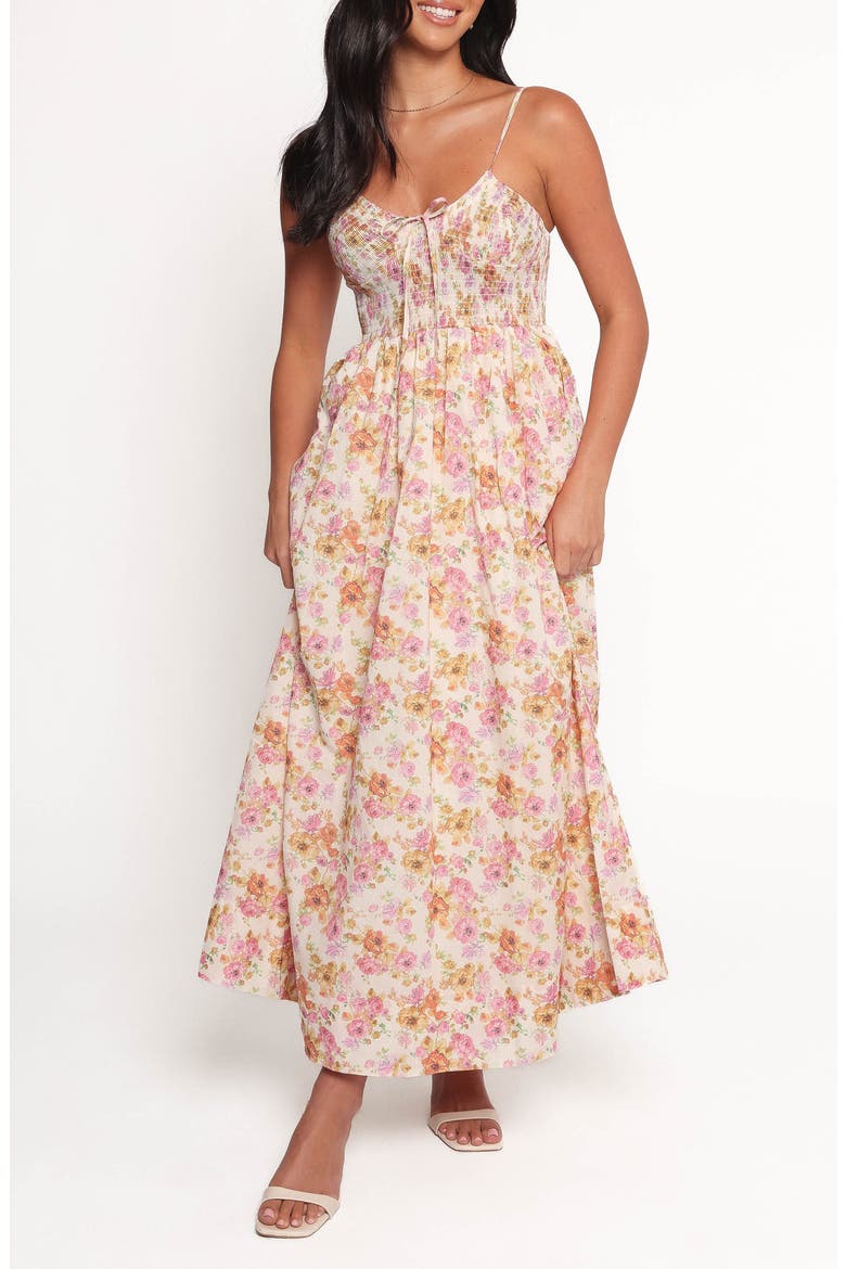 Salaca Floral Print Smocked Sleeveless Maxi Dress, Main, color, PINK/ ORANGE
