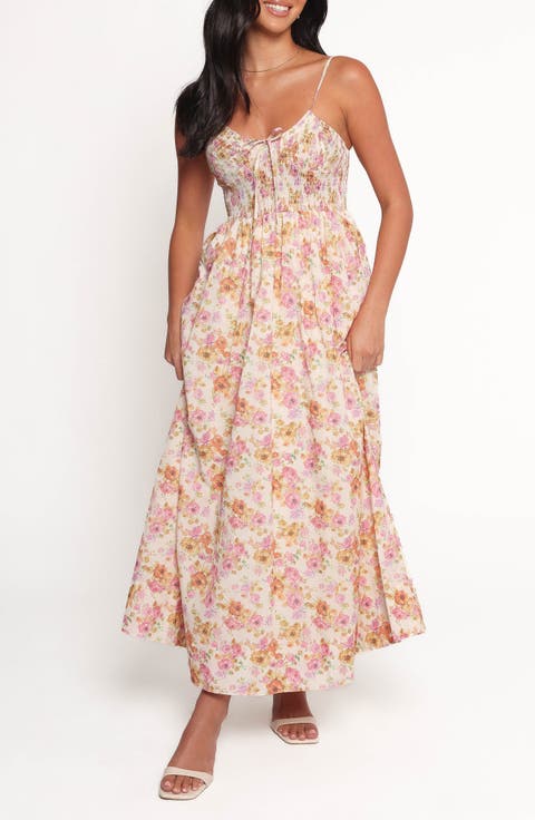 Salaca Floral Print Smocked Sleeveless Maxi Dress