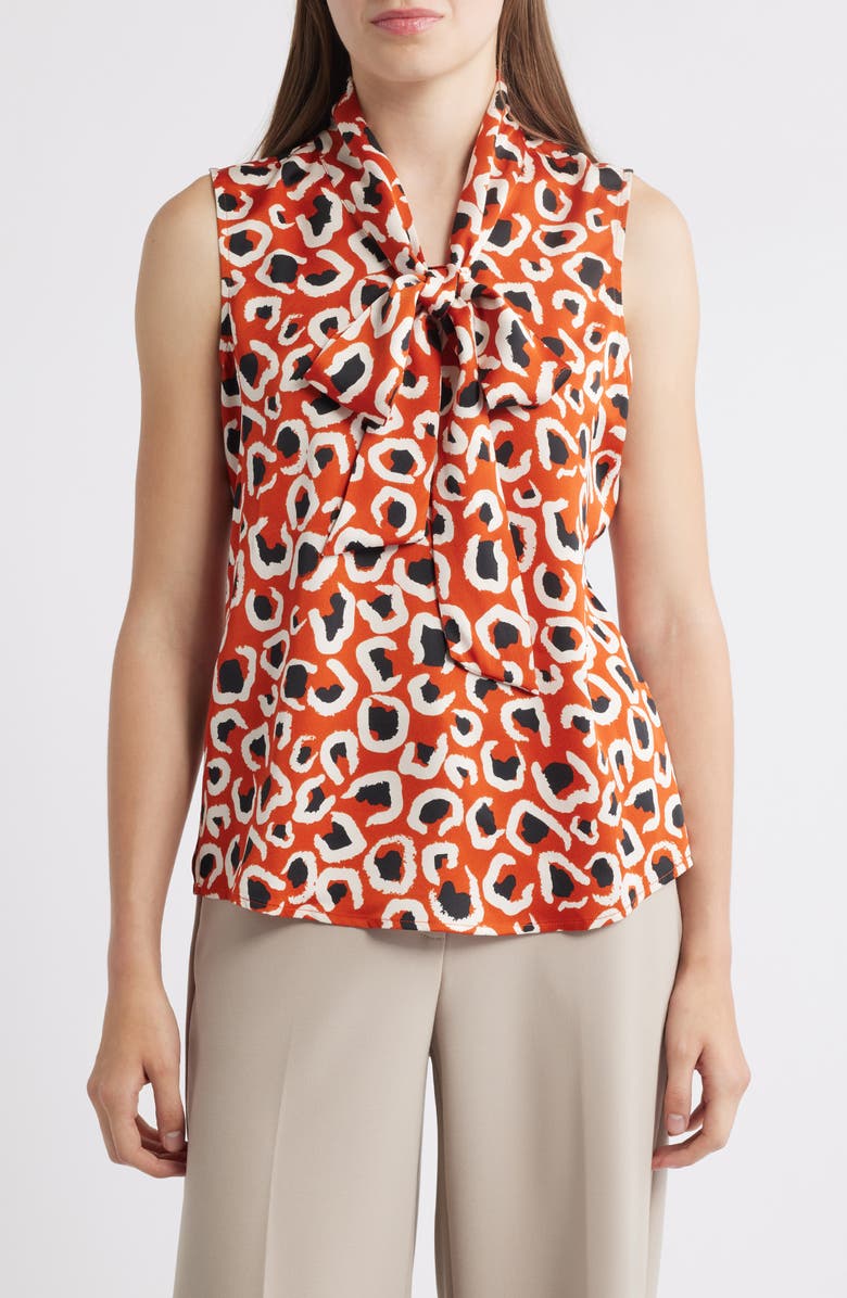 Tahari ASL Bow Neck Sleeveless Satin Top, Main, color, Persimmon Leopard