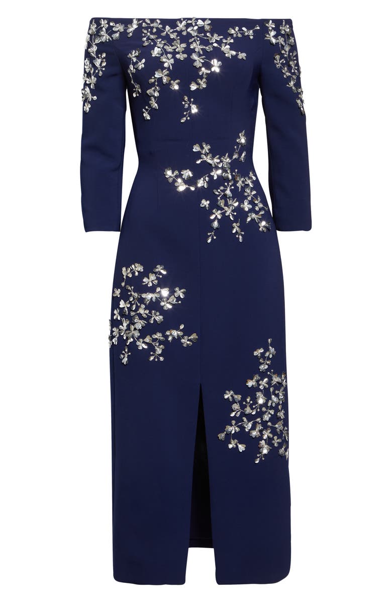 Carolina Herrera Floral Appliqué Off the Shoulder Stretch Crepe Midi Dress, Alternate, color, Midnight