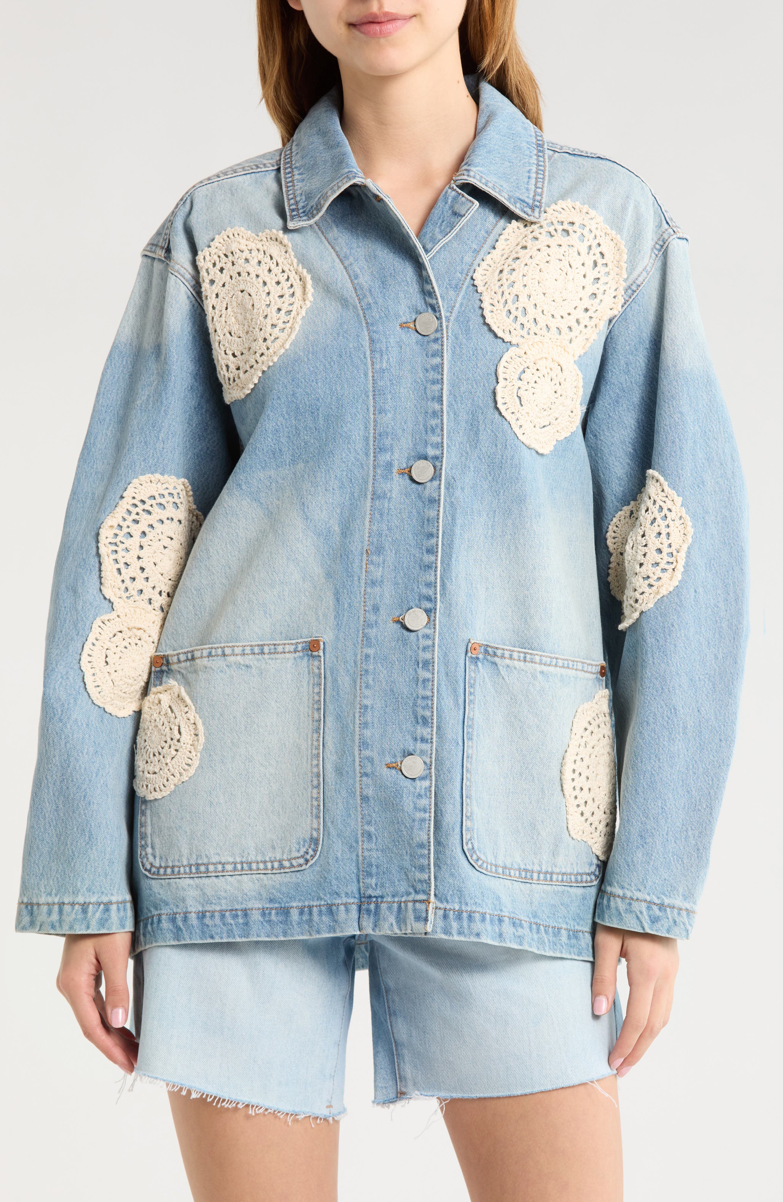 新品未使用タグ付き♡完売品clore+ Denim Shirt Jacket BLANKNYC Crochet Appliqué Denim Chore Jacket (Women) | Nordstromrack