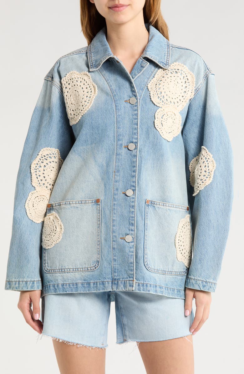 BLANKNYC Crochet Appliqué Denim Chore Jacket, Alternate, color, Surf Camp