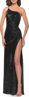 La Femme One Shoulder Sequin Dress with Circle Cut Out