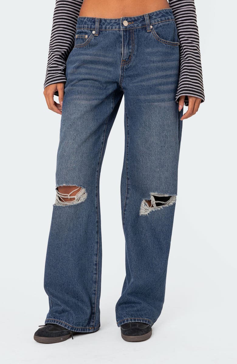 EDIKTED Debbie Ripped Low Rise Wide Leg Jeans, Main, color, Indigo-Blue-Raw-Wash