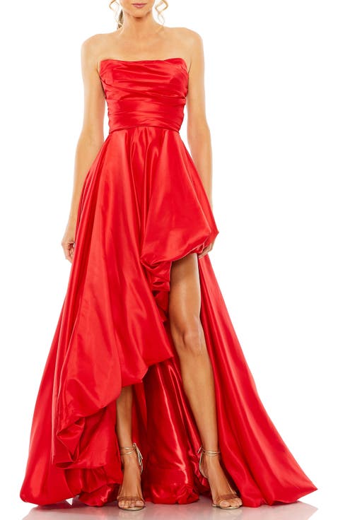 Asymmetrical High Low Strapless Ruched Gown
