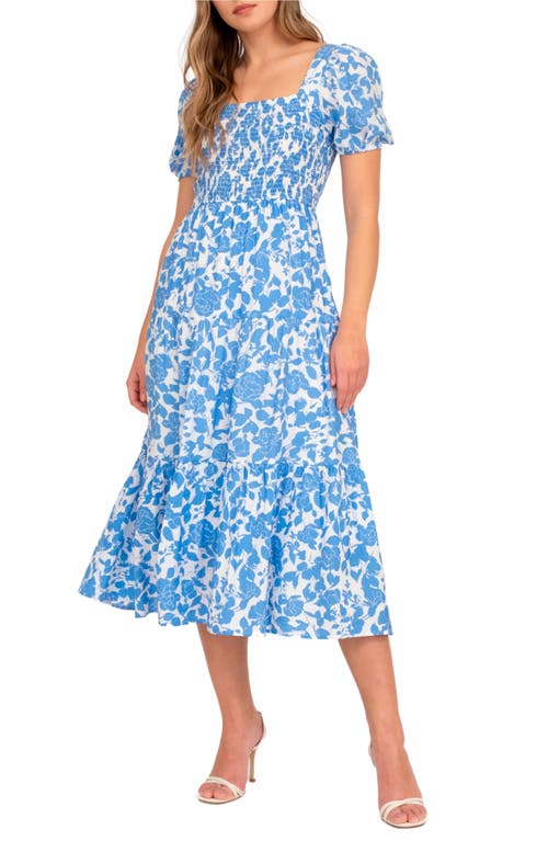 August Sky Floral Puff Sleeve Smocked Midi Dress In Blue Multi
