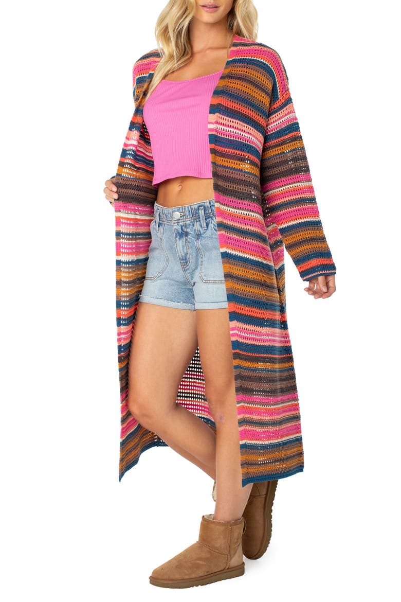 Sea Wind Longline Open Front Stripe Cardigan, Alternate, color, SHOCKING P