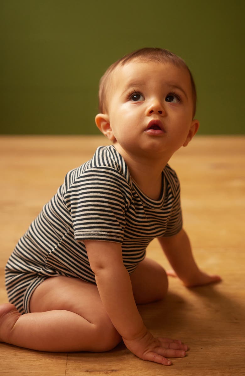 NATURE BABY Short Sleeve Bodysuit, Alternate, color, Navy Stripe