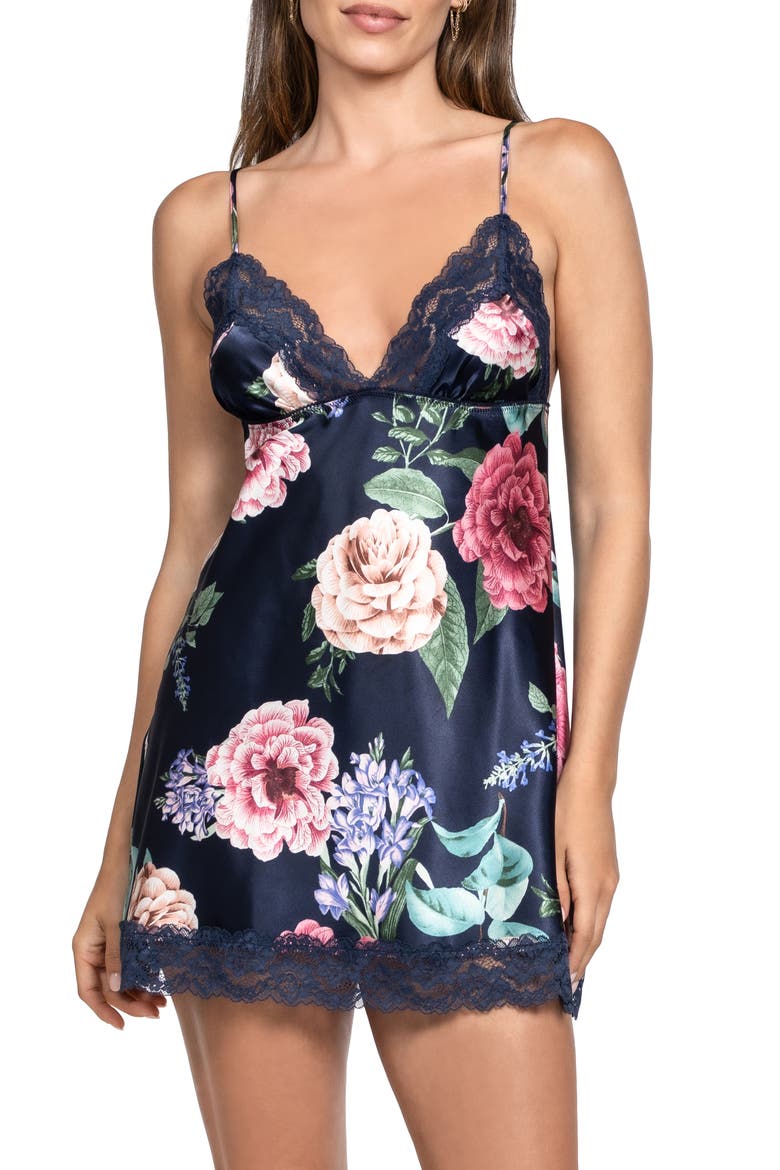 Sicily Floral Lace Trim Strechy Satin Chemise, Main, color, NAVY