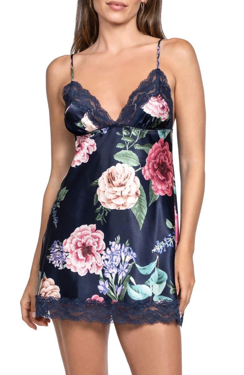 In Bloom by Jonquil Sicily Floral Lace Trim Strechy Satin Chemise, Main, color, Navy