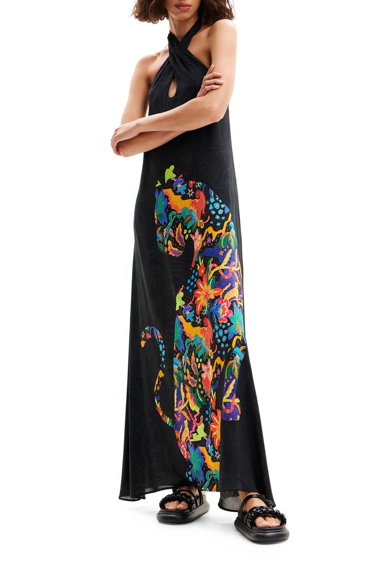 Jungle Design Halter Neck Maxi Dress, Main, color, BLACK