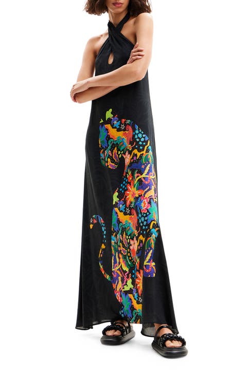 Jungle Design Halter Neck Maxi Dress