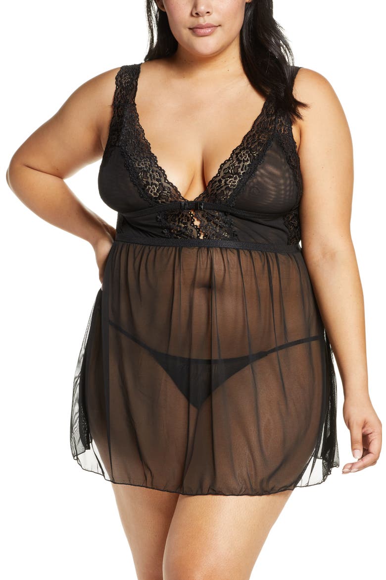 Soft Cup Babydoll Chemise & G-String Thong, Main, color, BLACK