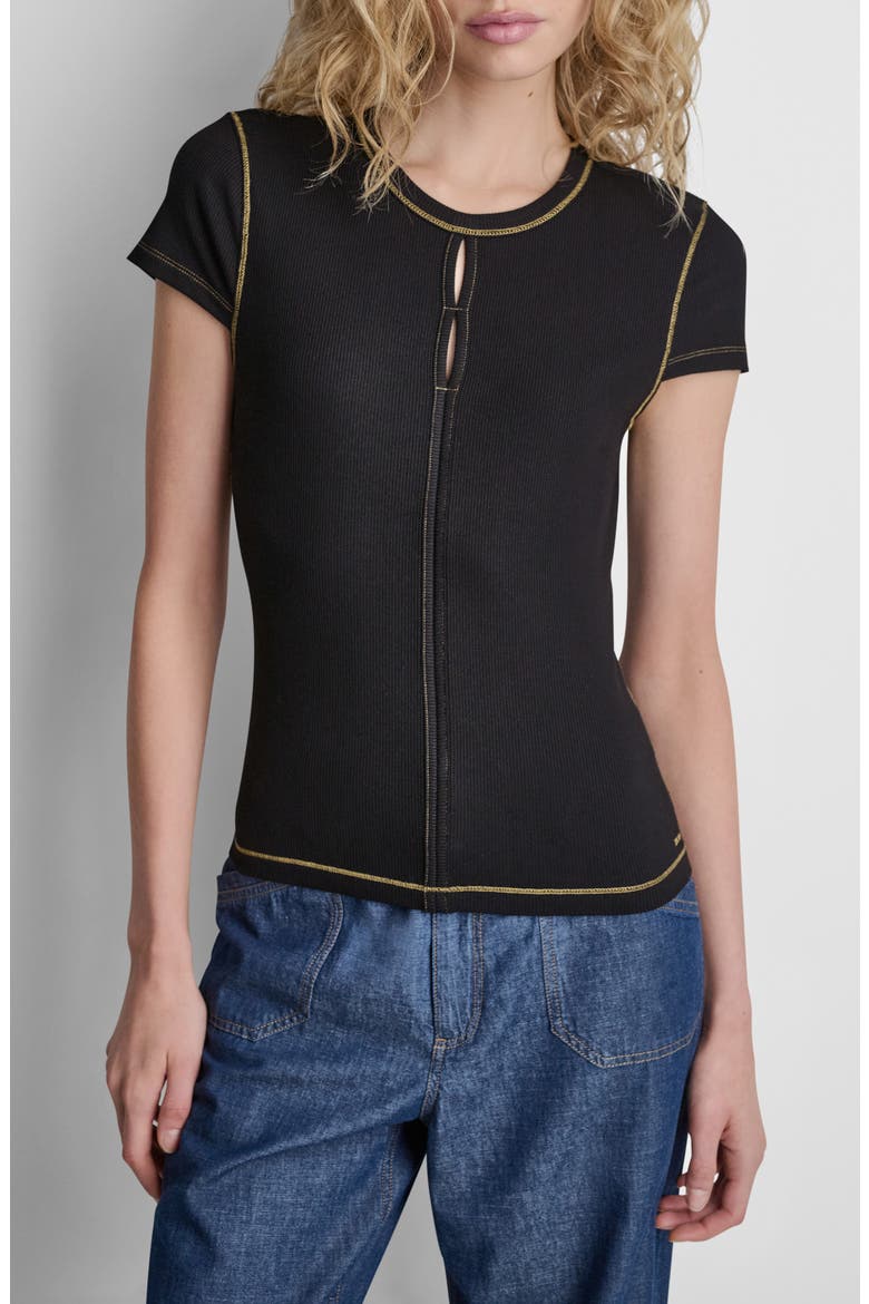 Contrast Stitch Cutout Detail Rib Top, Main, color, BLACK