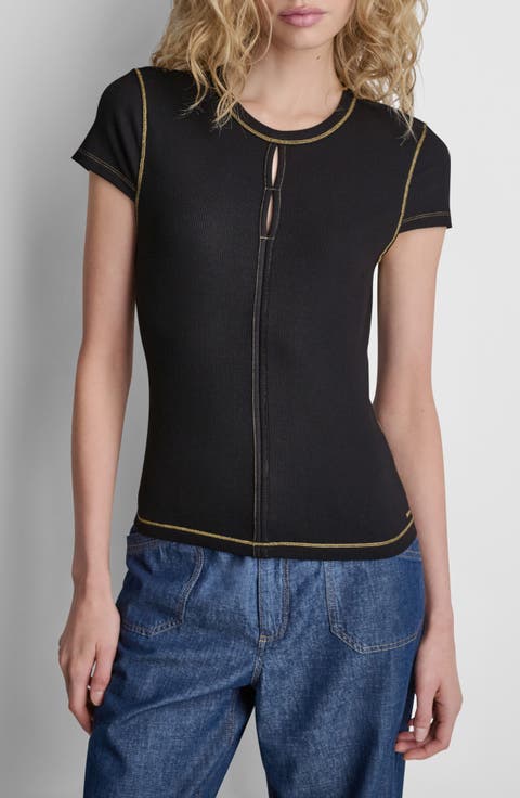 Contrast Stitch Cutout Detail Rib Top