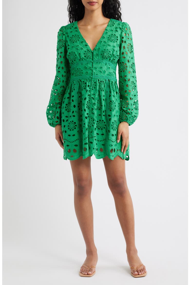 Long Sleeve Eyelet Minidress, Main, color, KELLY GREEN