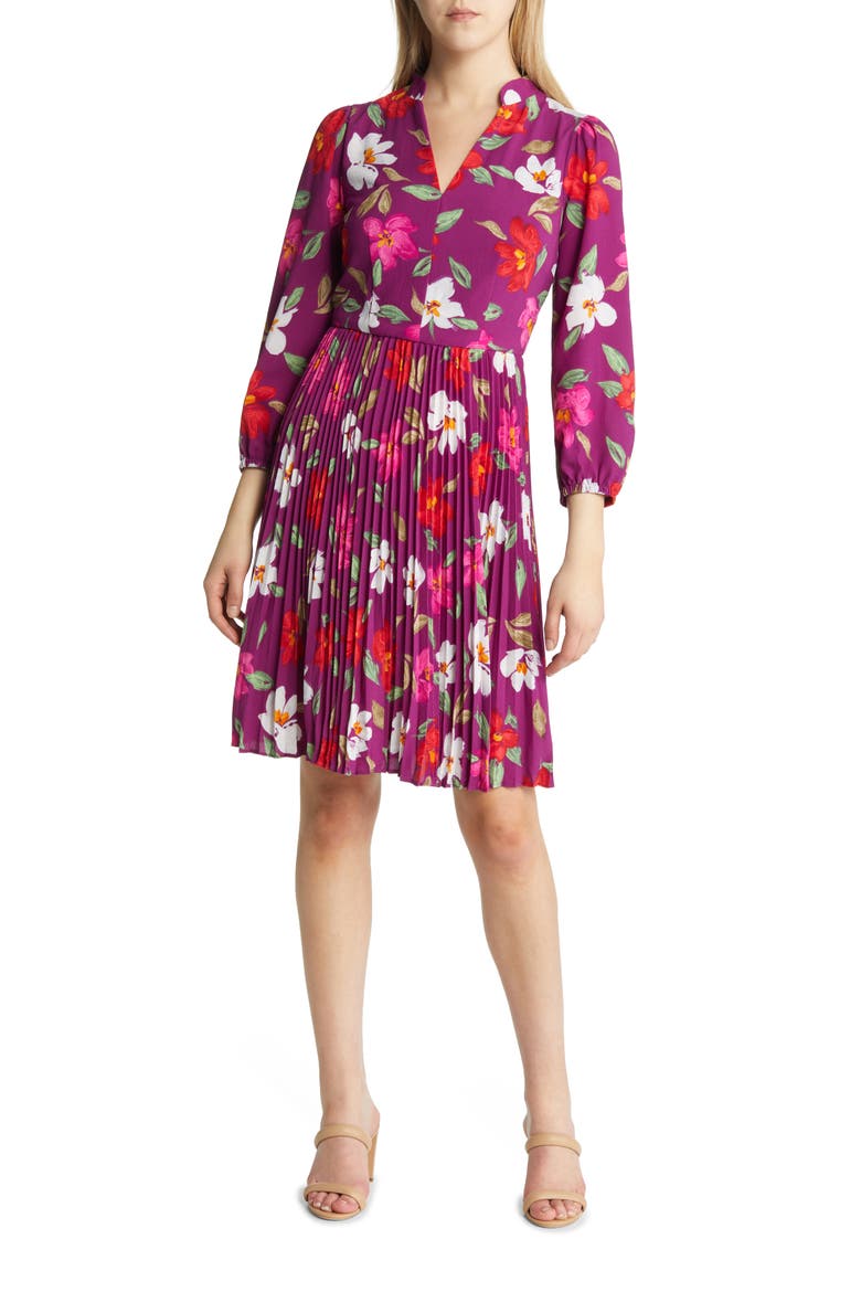 Pleated Long Sleeve Dress, Main, color, ROSE WINE/ RASPBERRY