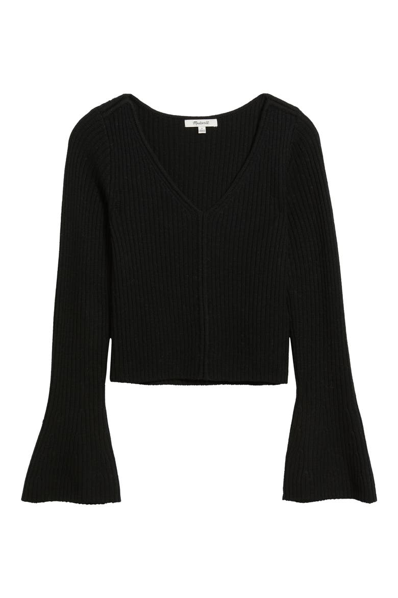 V-Neck Wool Rib Sweater Top, Alternate, color, TRUE BLACK