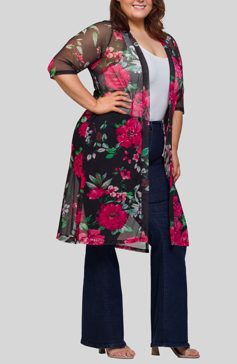 24seven Comfort Apparel Noir Rose Print Sheer Open Front Long Jacket, Main, color, Black Multi