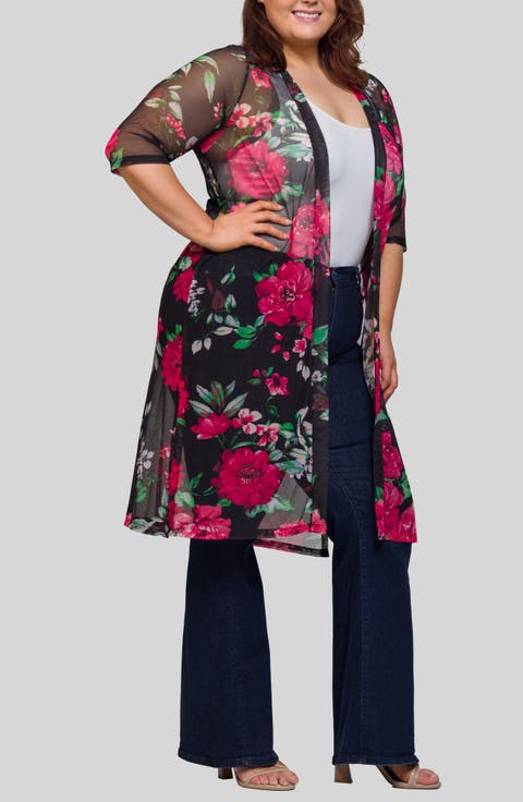 Noir Rose Print Sheer Open Front Long Jacket (Plus)