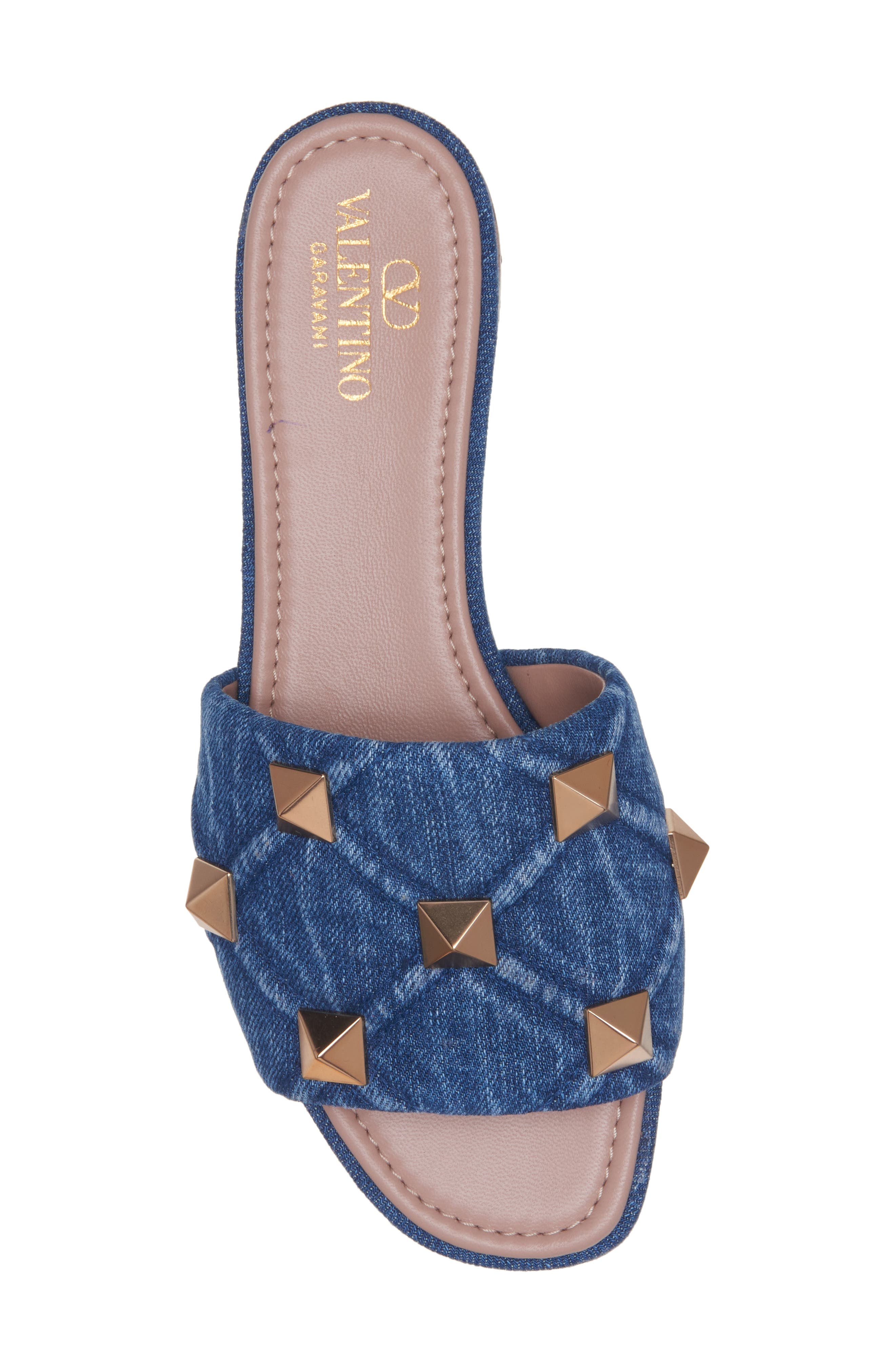 Valentino Garavani Roman Stud Matelassé Denim Slide Sandal, Alternate, color, 